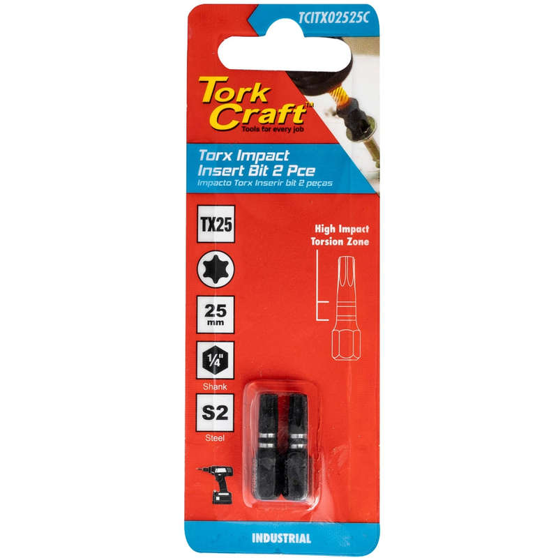 Torx tx 25 impact insert bit 25mm 2pc carded