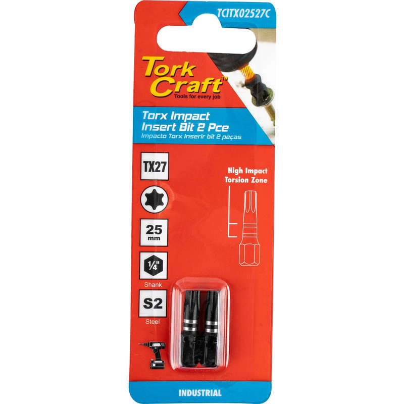 Torx tx 27 impact insert bit 25mm 2pc carded