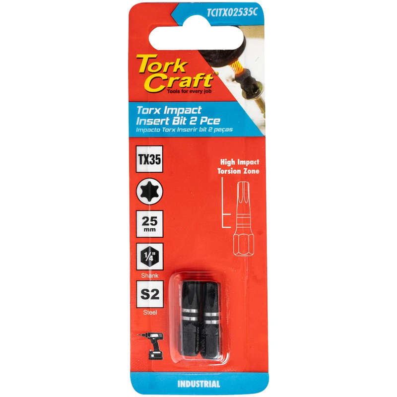 Torx tx 35 impact insert bit 25mm 2pc carded