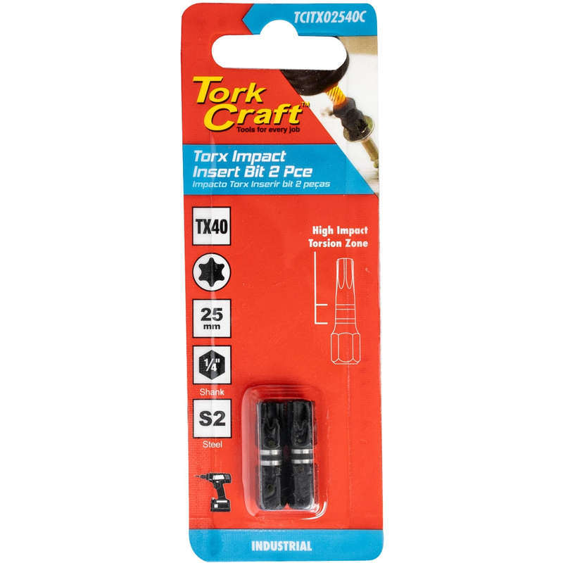 Torx tx 40 impact insert bit 25mm 2pc carded