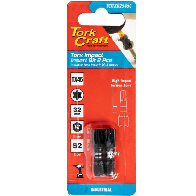 Torx tx 45 impact insert bit 25mm 2pc carded