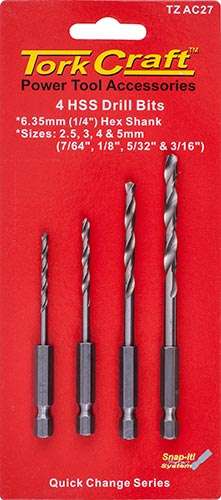 Hex shank drill bit 4 pce set 2.5mm 3mm 4mm 5mm
