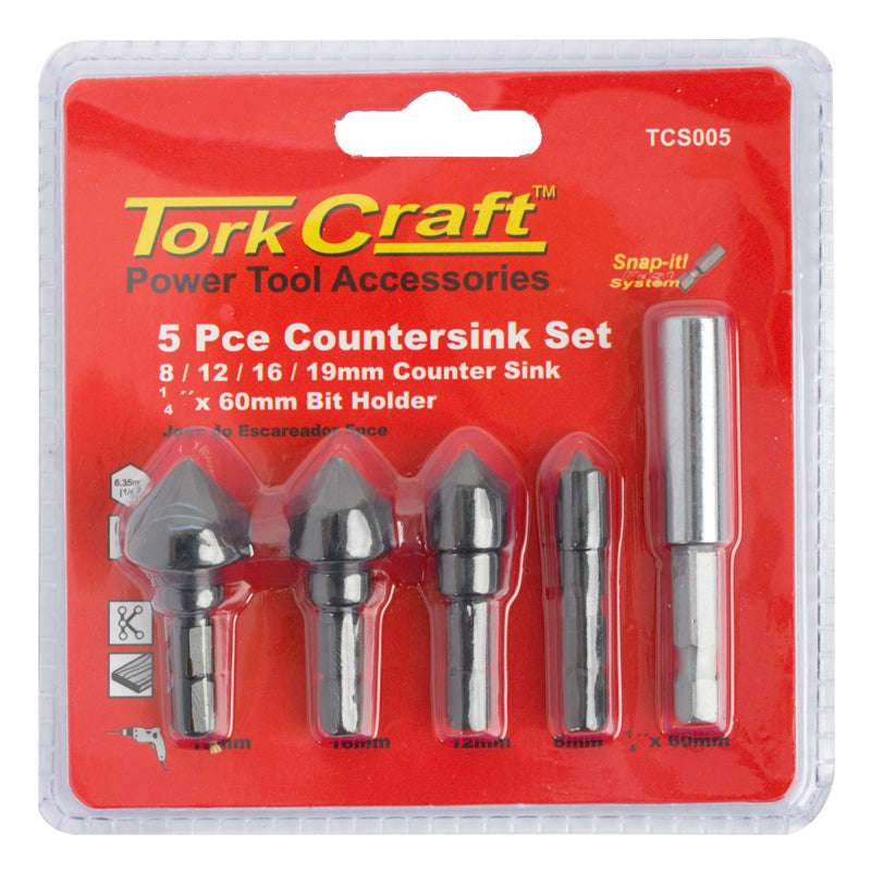 Countersink set 5pce set carbon (8,12,16,19mm c/w hex shank adaptor)