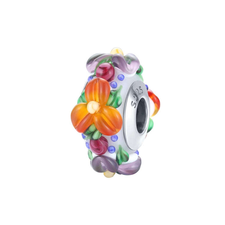 S925 Sterling Silver Colorful Flowers Embossed Orange Colored Glass Beads DIY Bracelet Necklace A...