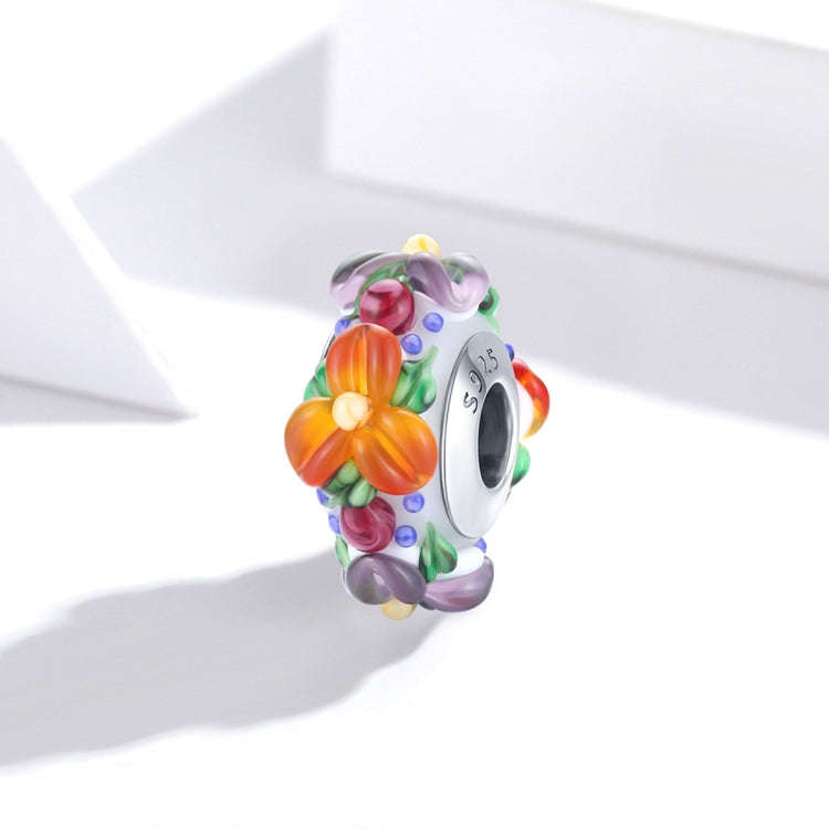 S925 Sterling Silver Colorful Flowers Embossed Orange Colored Glass Beads DIY Bracelet Necklace A...