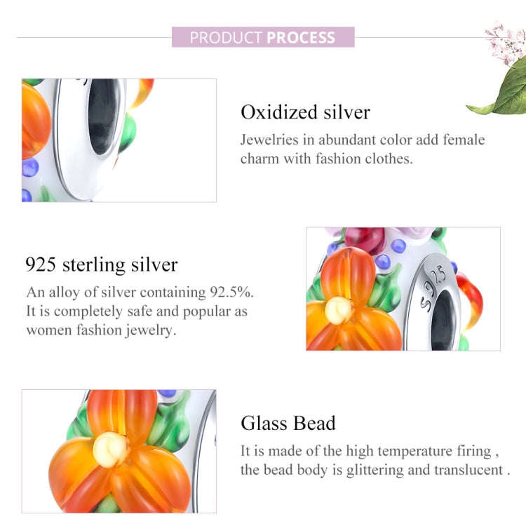 S925 Sterling Silver Colorful Flowers Embossed Orange Colored Glass Beads DIY Bracelet Necklace A...