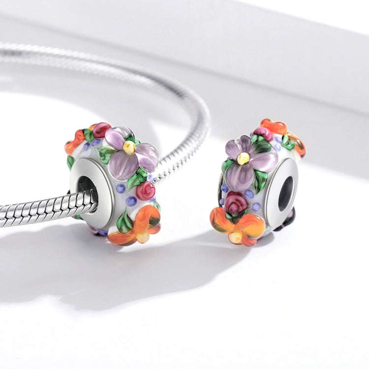 S925 Sterling Silver Colorful Flowers Embossed Orange Colored Glass Beads DIY Bracelet Necklace A...