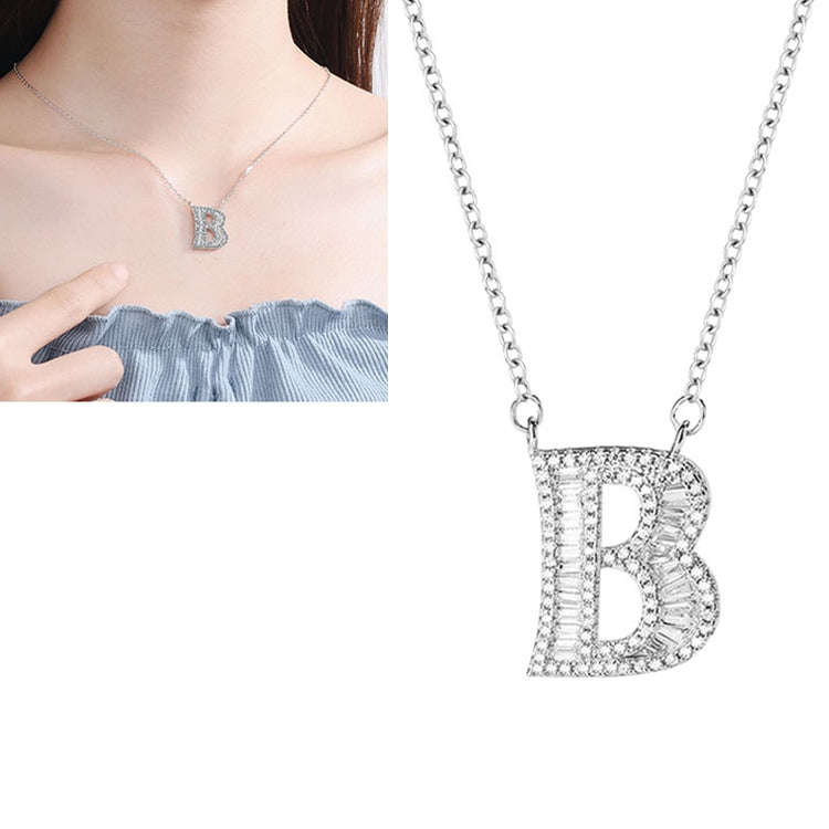 Women Fashion S925 Sterling Silver English Alphabet Pendant Necklace, Style:B