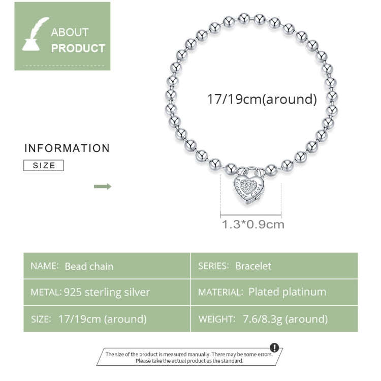 S925 Sterling Silver Heart-shaped Punk Beads Women Bracelet Jewelry, Size:19cm