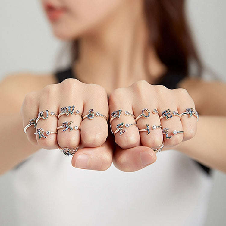 S925 Sterling Silver 26 English Letters Colorful Zircon Women Open Ring, Style:D