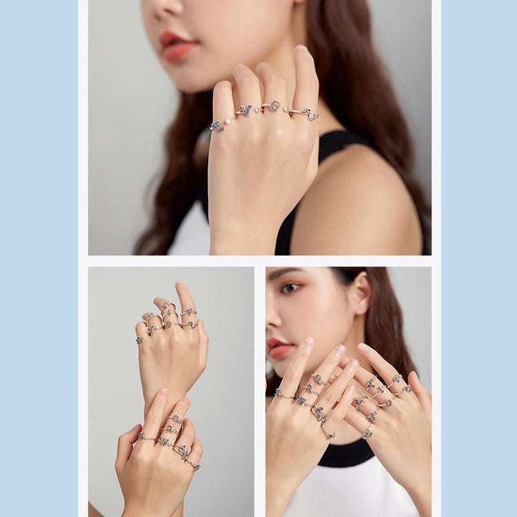 S925 Sterling Silver 26 English Letters Colorful Zircon Women Open Ring, Style:D