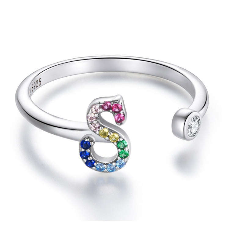 S925 Sterling Silver 26 English Letters Colorful Zircon Women Open Ring, Style:S