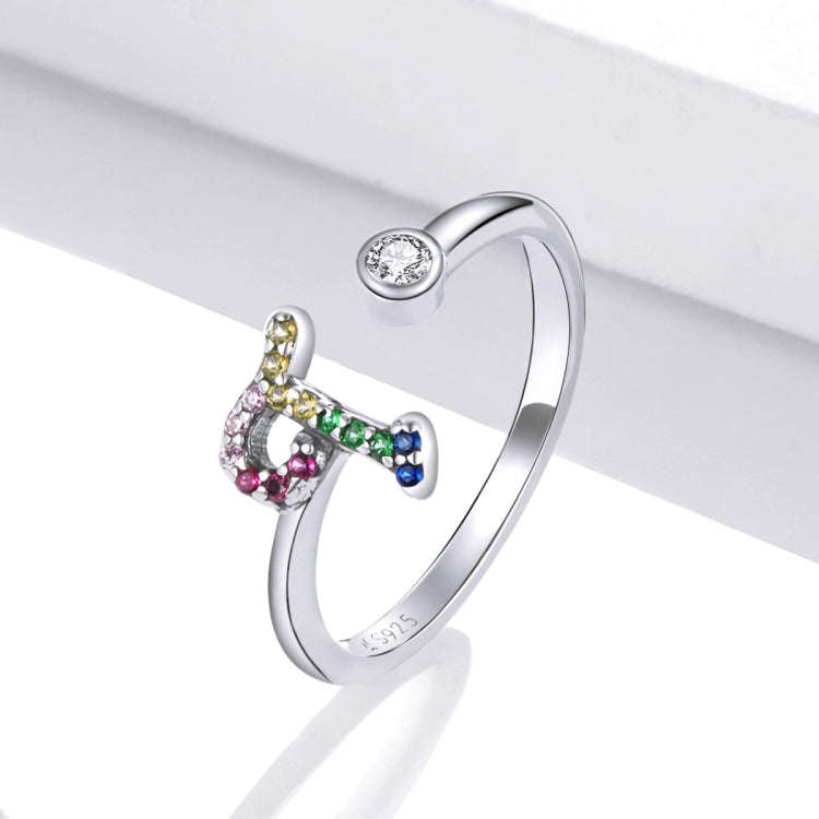 S925 Sterling Silver 26 English Letters Colorful Zircon Women Open Ring, Style:T