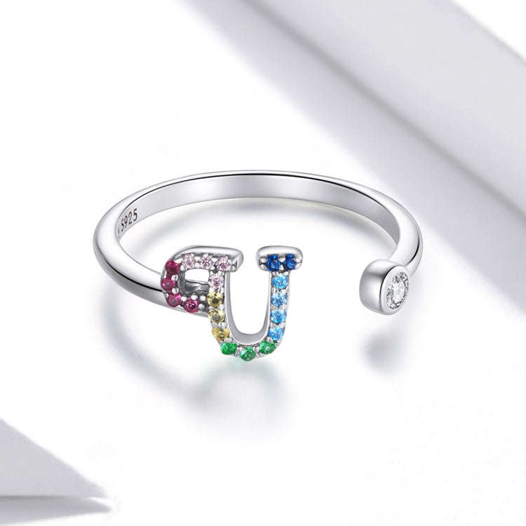 S925 Sterling Silver 26 English Letters Colorful Zircon Women Open Ring, Style:U