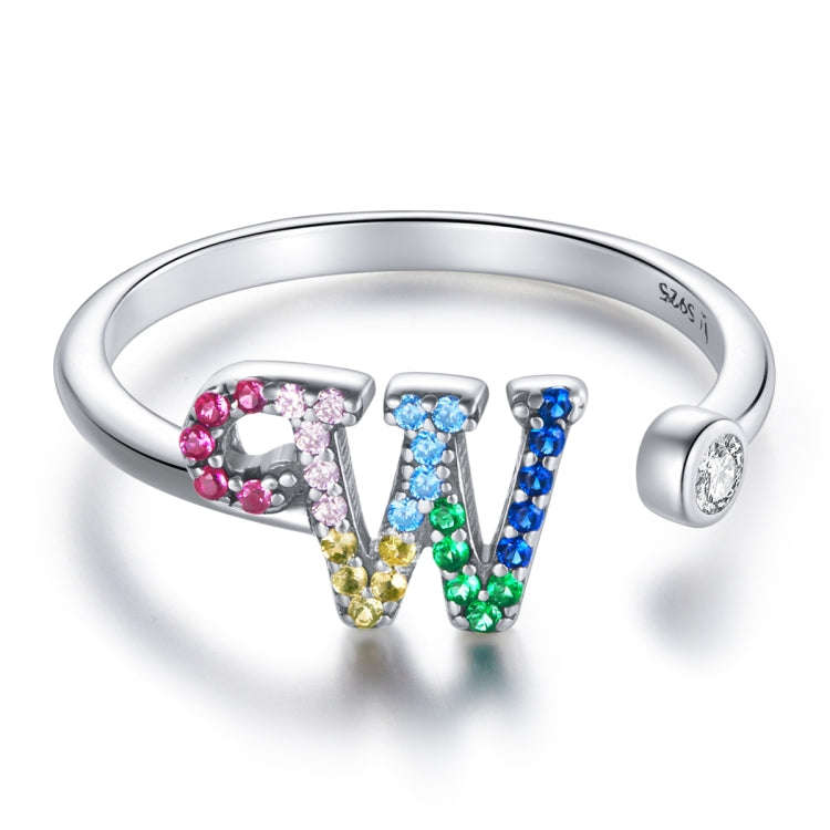 S925 Sterling Silver 26 English Letters Colorful Zircon Women Open Ring, Style:W