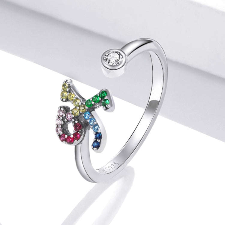 S925 Sterling Silver 26 English Letters Colorful Zircon Women Open Ring, Style:X