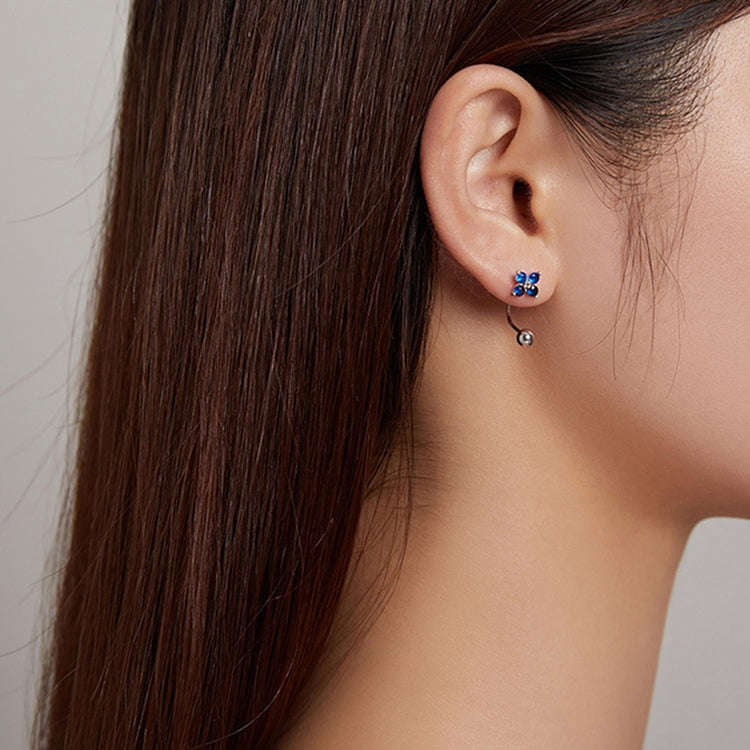 S925 Sterling Silver Round Beads Four-petal Flower Women Earrings(Silver)