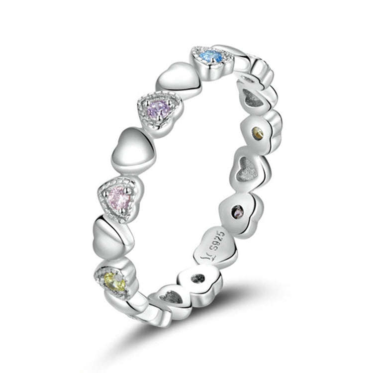 S925 Sterling Silver Rainbow Heart Women Ring, Size:8