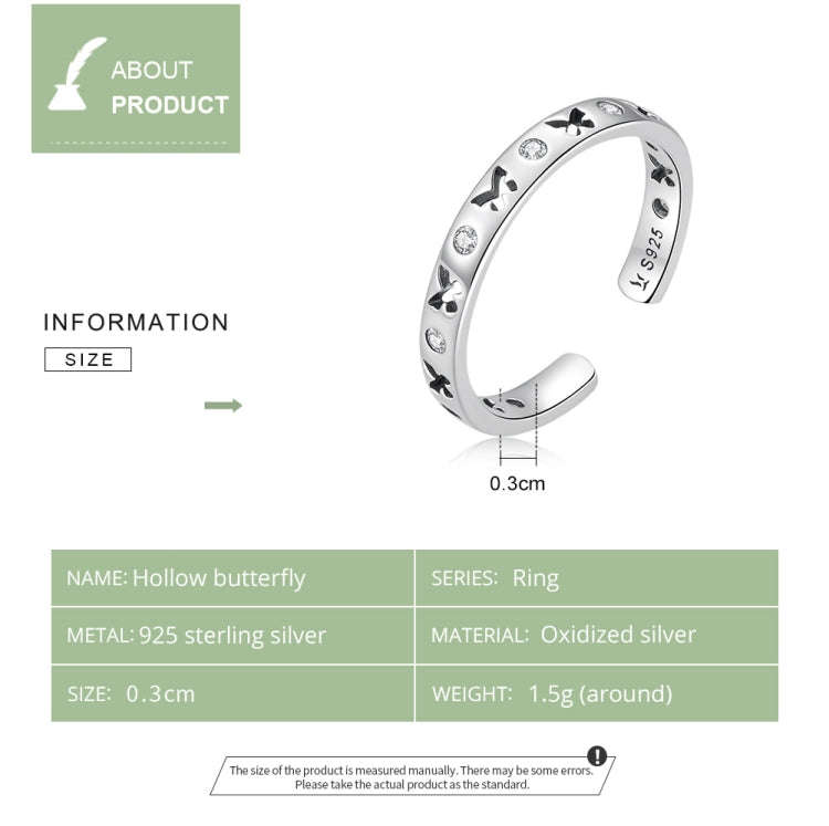 S925 Sterling Silver Hollow Butterfly Women Open Ring