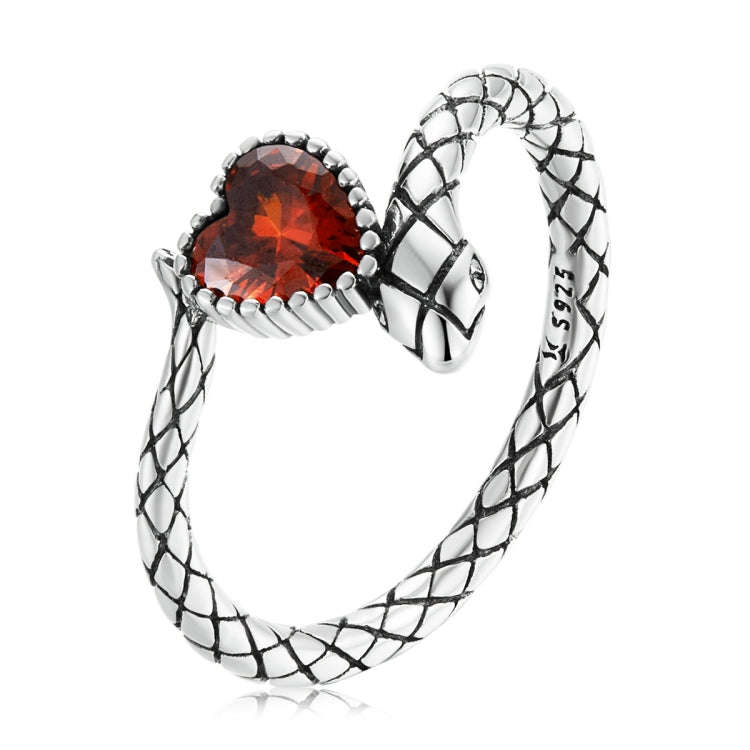 S925 Sterling Silver Retro Snake Heart Zircon Women Open Ring, Size:6