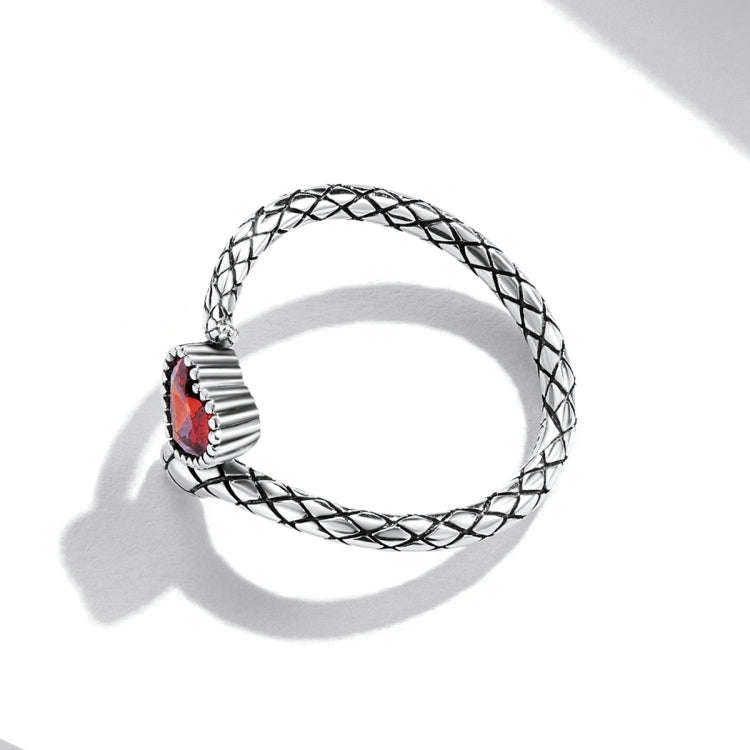 S925 Sterling Silver Retro Snake Heart Zircon Women Open Ring, Size:6