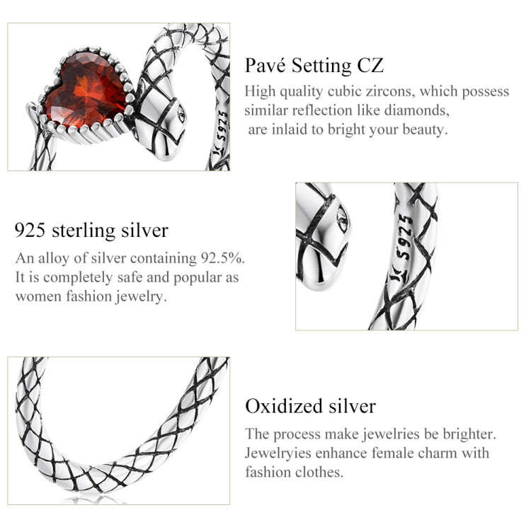 S925 Sterling Silver Retro Snake Heart Zircon Women Open Ring, Size:6