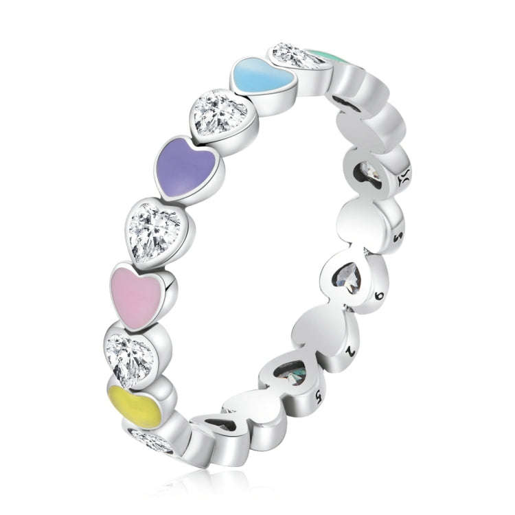 S925 Sterling Silver Rainbow Heart Zircon Women Ring, Size:7