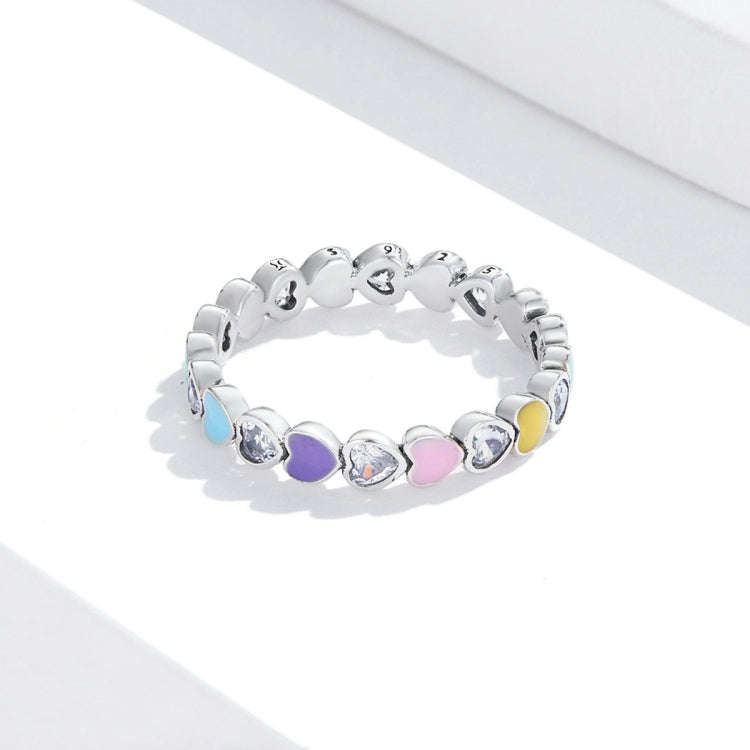 S925 Sterling Silver Rainbow Heart Zircon Women Ring, Size:7