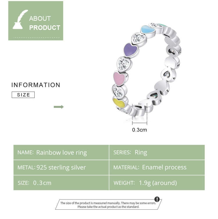 S925 Sterling Silver Rainbow Heart Zircon Women Ring, Size:7