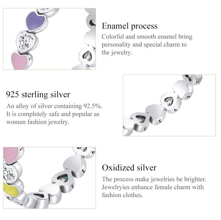 S925 Sterling Silver Rainbow Heart Zircon Women Ring, Size:7
