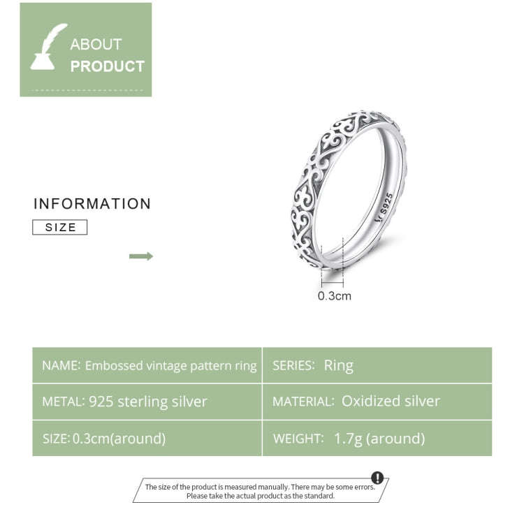 S925 Sterling Silver Retro Embossed Flower Texture Women Ring, Size:7