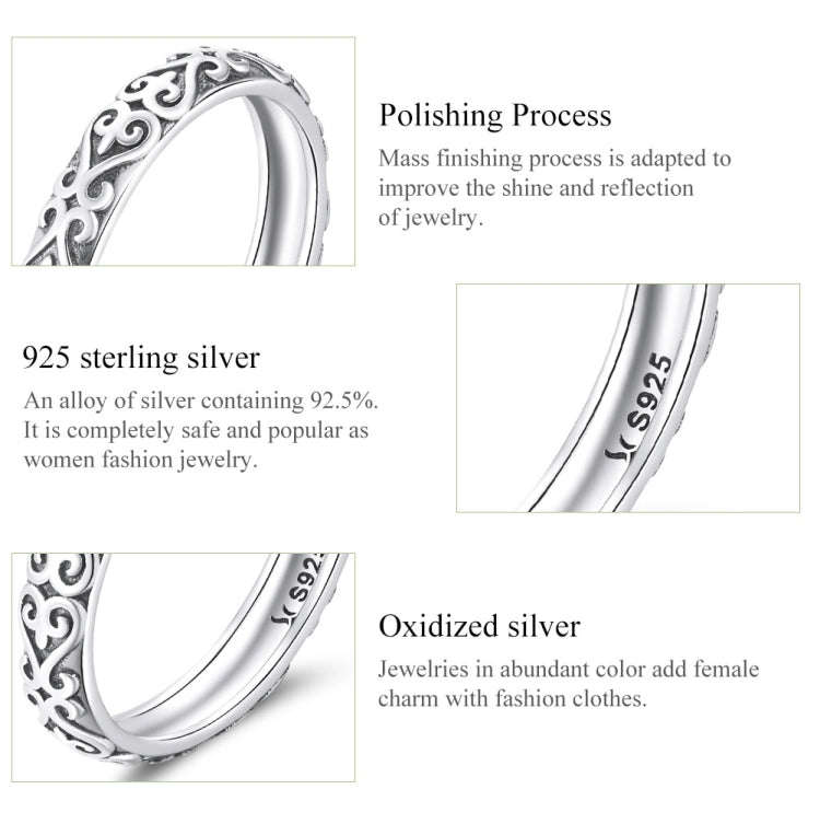 S925 Sterling Silver Retro Embossed Flower Texture Women Ring, Size:7