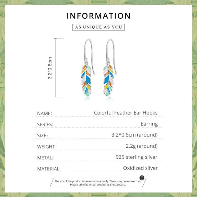 S925 Sterling Silver Colorful Feather Ear Hook Women Earrings