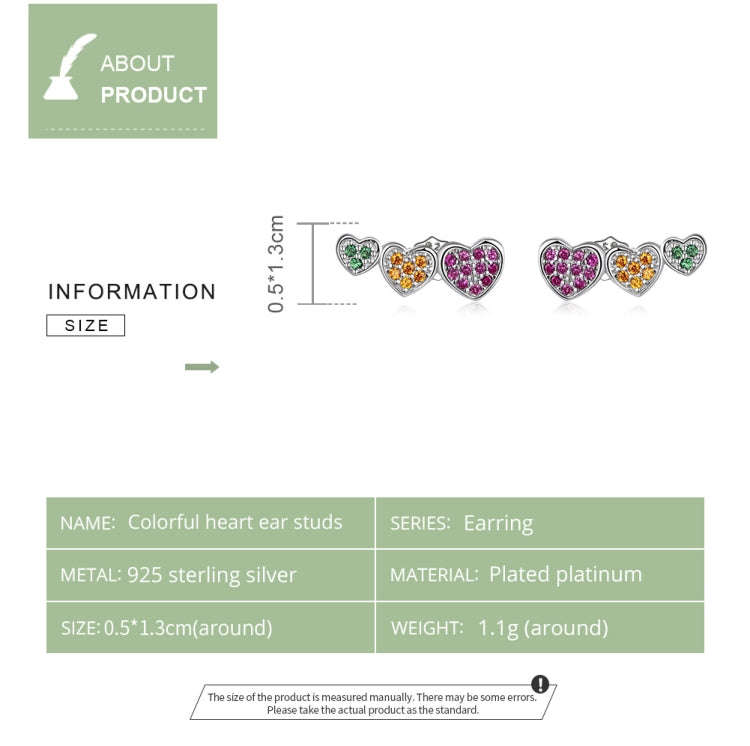 S925 Sterling Silver Colorful Heart Ear Stud Women Earrings