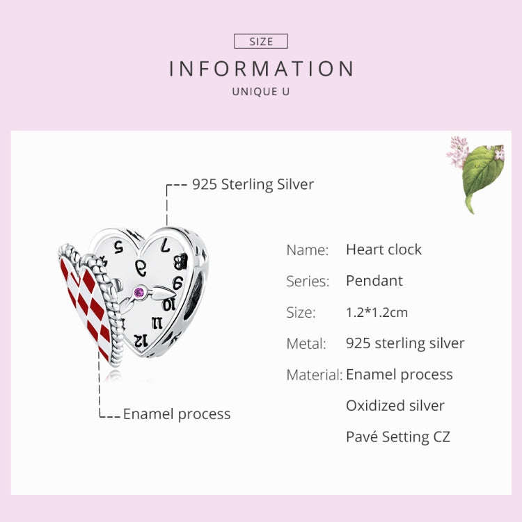 S925 Sterling Silver Heart Clock Beads DIY Bracelet Necklace Accessories