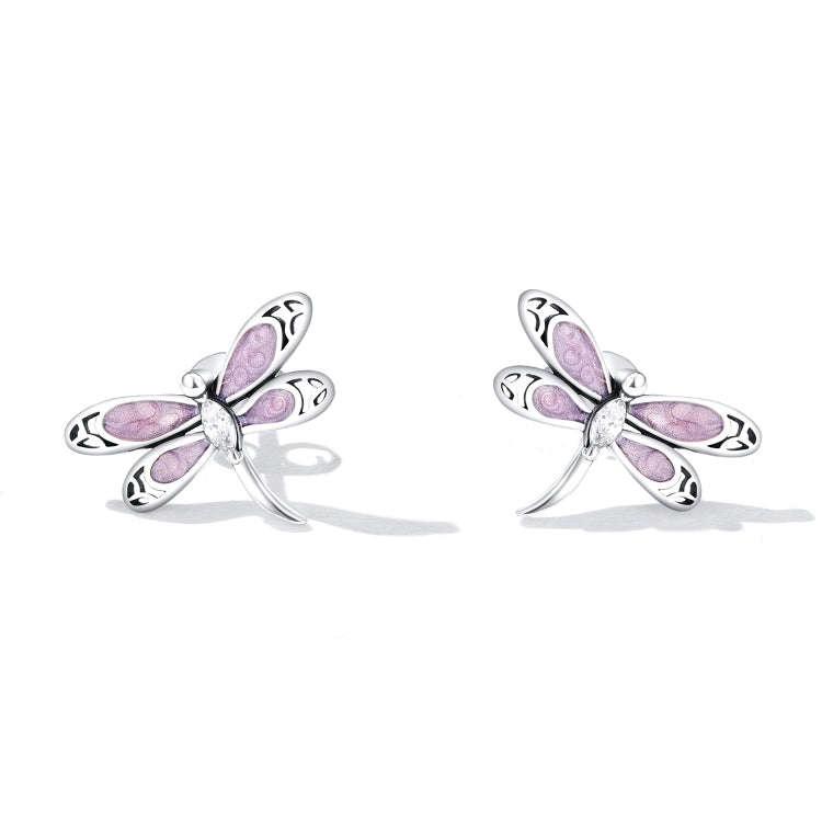 S925 Sterling Silver Pink Dragonfly Ear Stud Women Earrings