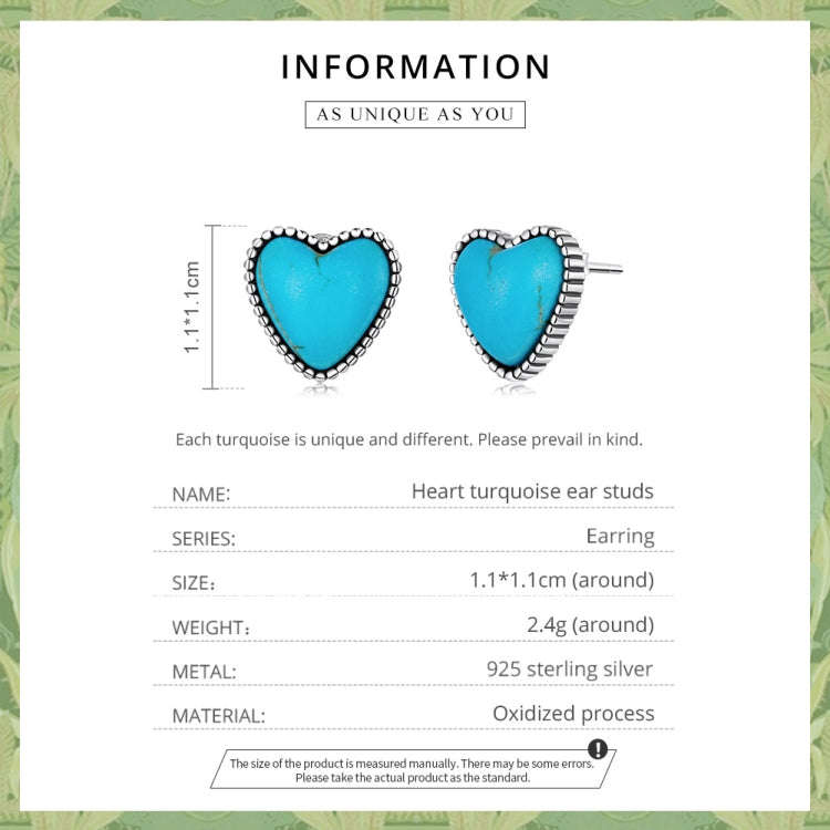 S925 Sterling Silver Heart Turquoise Ear Stud Women Earrings