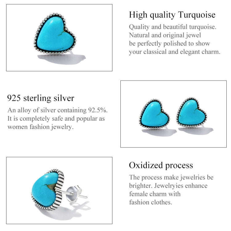 S925 Sterling Silver Heart Turquoise Ear Stud Women Earrings