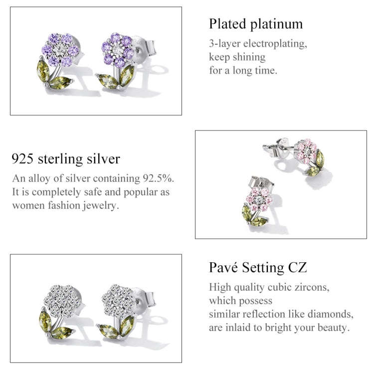 S925 Sterling Silver Flower Ear Stud Women Earrings(Purple)