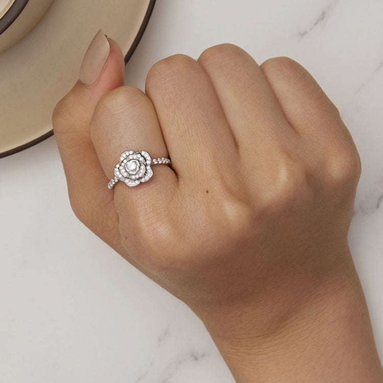 BSR449-6 S925 Sterling Silver  Zircon Rose Ring Hand Decoration