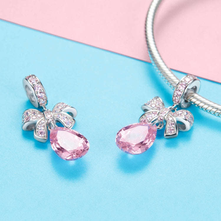 S925 Sterling Silver Bow DIY String Beads Pink Zircon Pendant Accessories