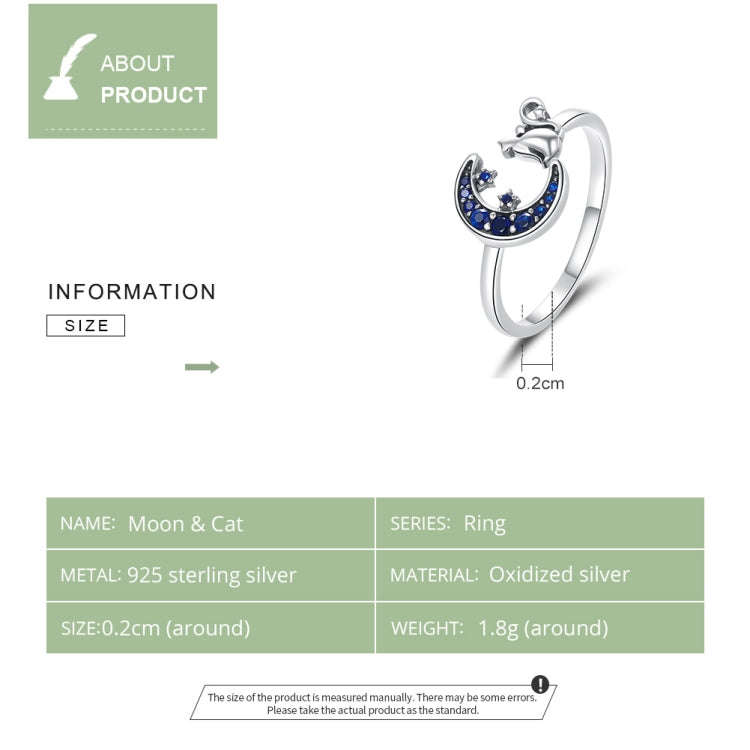 S925 Sterling Silver Moon Cat Women Open Ring