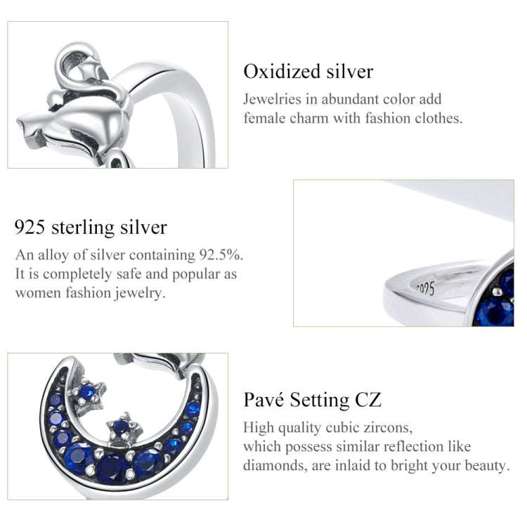 S925 Sterling Silver Moon Cat Women Open Ring