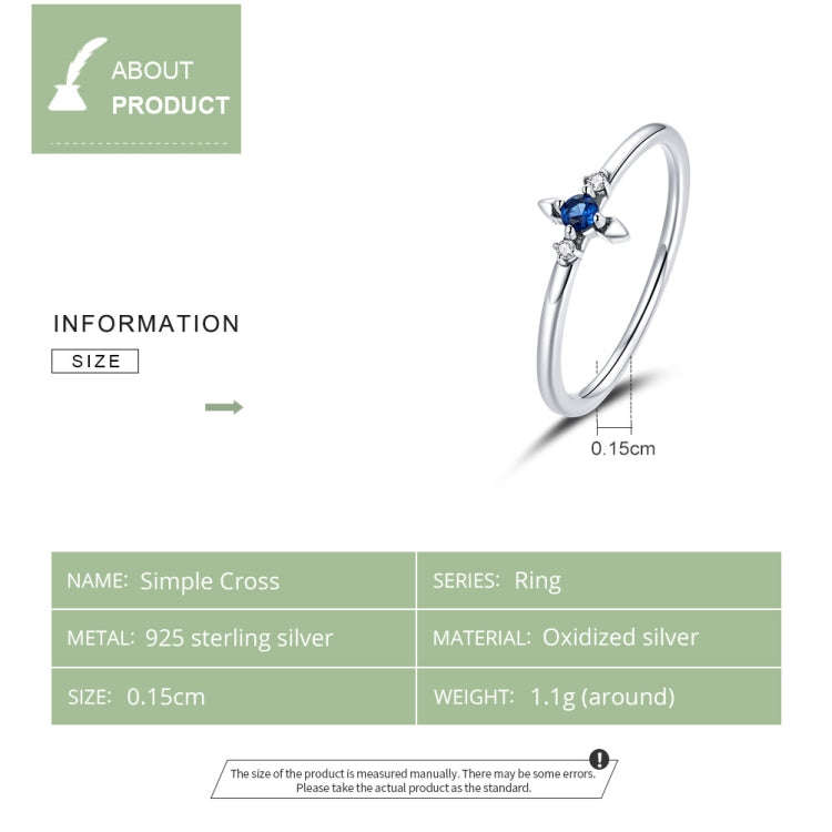 S925 Sterling Silver Simple Cross Women Zircon Ring, Size:6