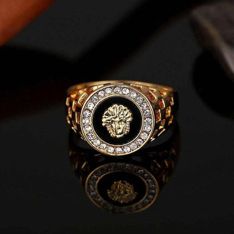 Hip Hop 18K Gold Plated Lion Head Rhinestone Ring for Men, US Size: 10, Inner Diameter: 20mm, Per...