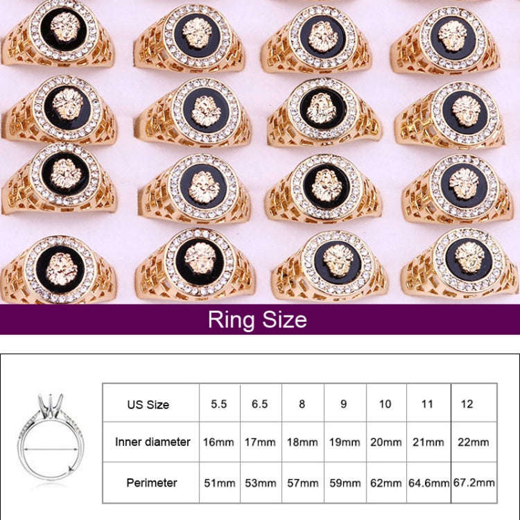 Hip Hop 18K Gold Plated Lion Head Rhinestone Ring for Men, US Size: 10, Inner Diameter: 20mm, Per...