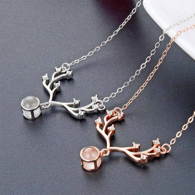 Women Fashion S925 Sterling Silver 100 Languages I Love You Memory Stone Pendant Necklace (White)