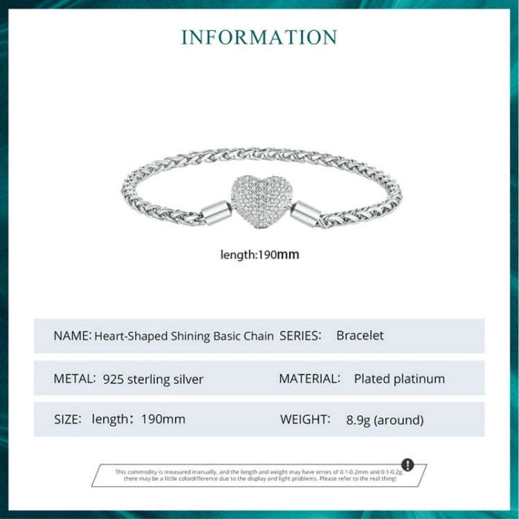 BSB133-19 Sterling Silver S925  Zircon Heart Sparkling Bracelet