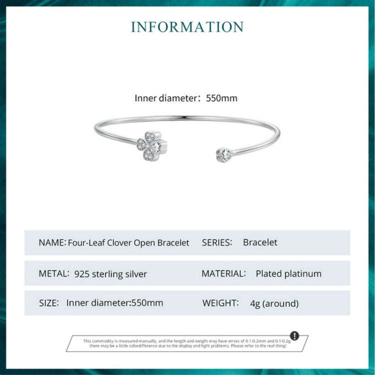 BSB134 Sterling Silver S925 Plated Platinum Zircon Four-leaf Clover Open Bracelet Hand Decoration