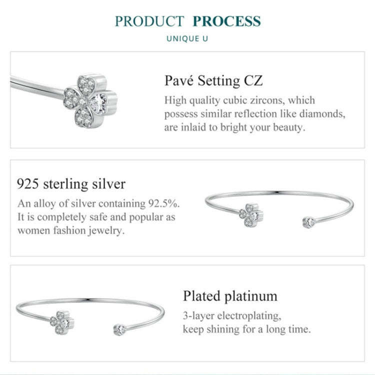 BSB134 Sterling Silver S925 Plated Platinum Zircon Four-leaf Clover Open Bracelet Hand Decoration